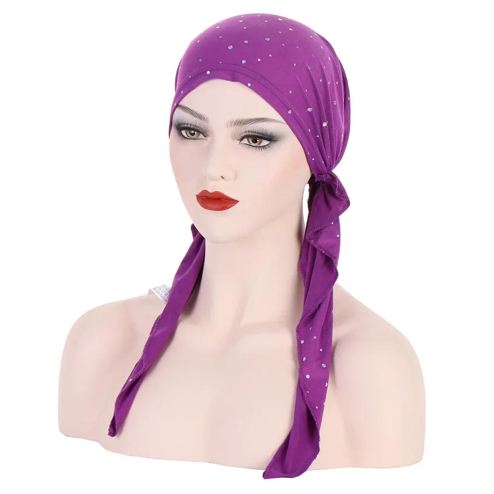 New Shimmer Pre-Tied Hat Women Muslim Hijab Turban Long Tail Headscarf Beanies Bonnet Hair Loss Chemo Cap Head Wrap Bandanas