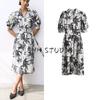 Spring and Summer New Women's Clothing Loose Lapel Print Puff Sleeves Series Belt Shirt Style Dress 1226271