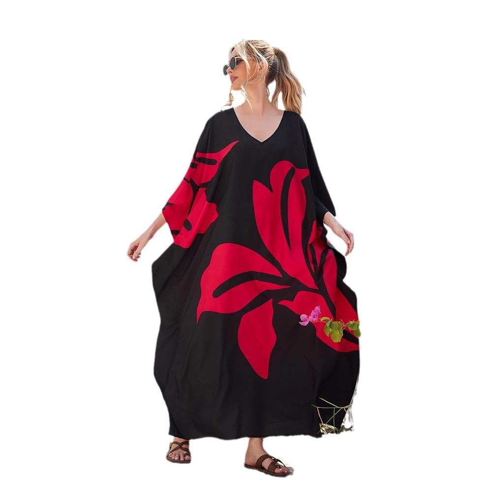 Women's Plus Size Cover-ups Printed Bat Sleeve Long Gown Loose Plus Size Holiday Beach Dress Bikini Outer Shirt