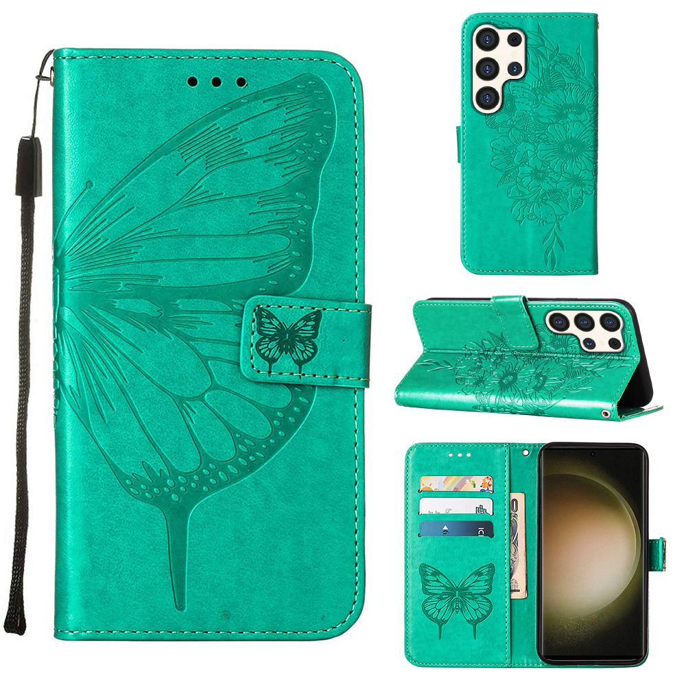 For Samsung Galaxy S24 Ultra Wallet Case with Wrist Strap Butterfly Imprint Leather Phone Cover