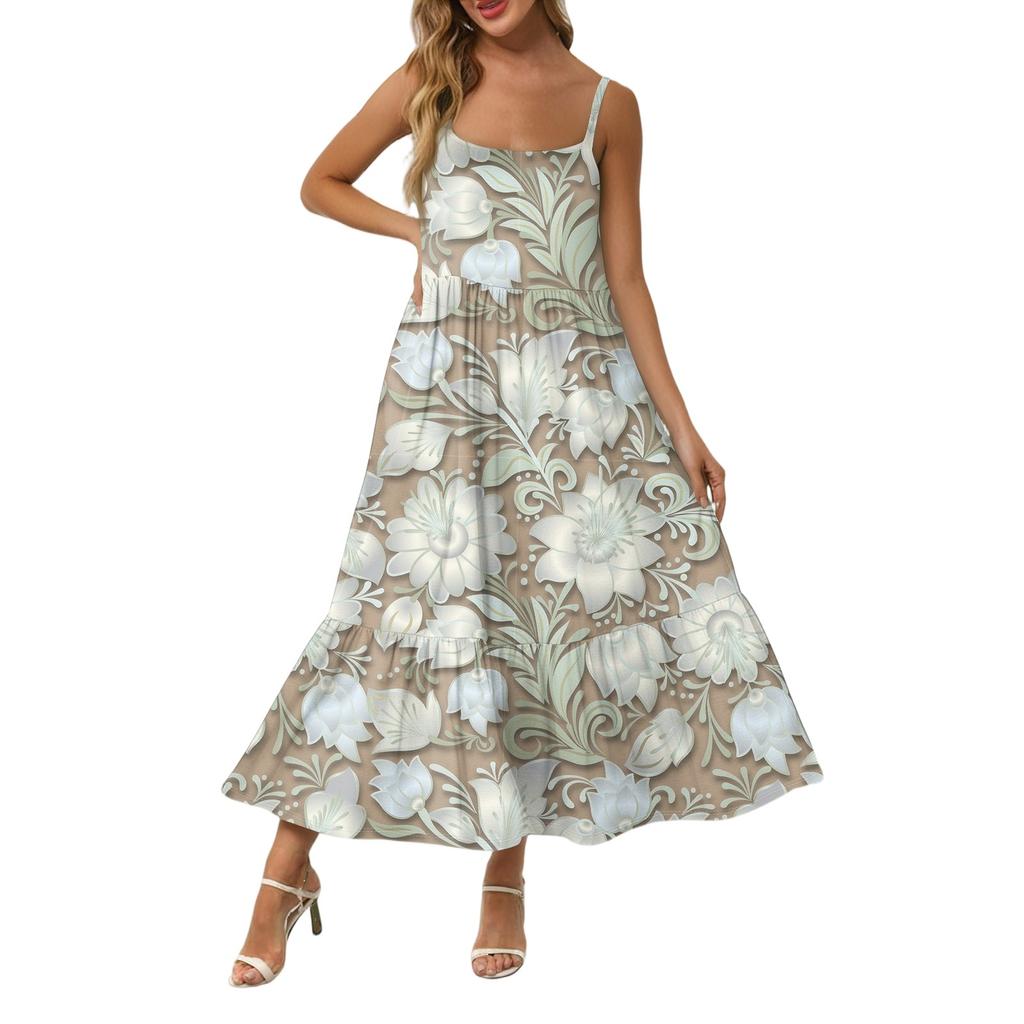 Women's Long Beach Casual Elegant Spaghetti Strap Maxi Dress Stitching Low-key Flowing Bohemian Dress
