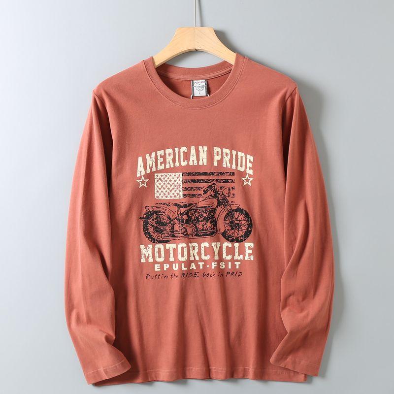 Men's Autumn Base Layer Cotton Brushed Print Motorcycle Retro Trendy Versatile Long-Sleeve T-Shirt