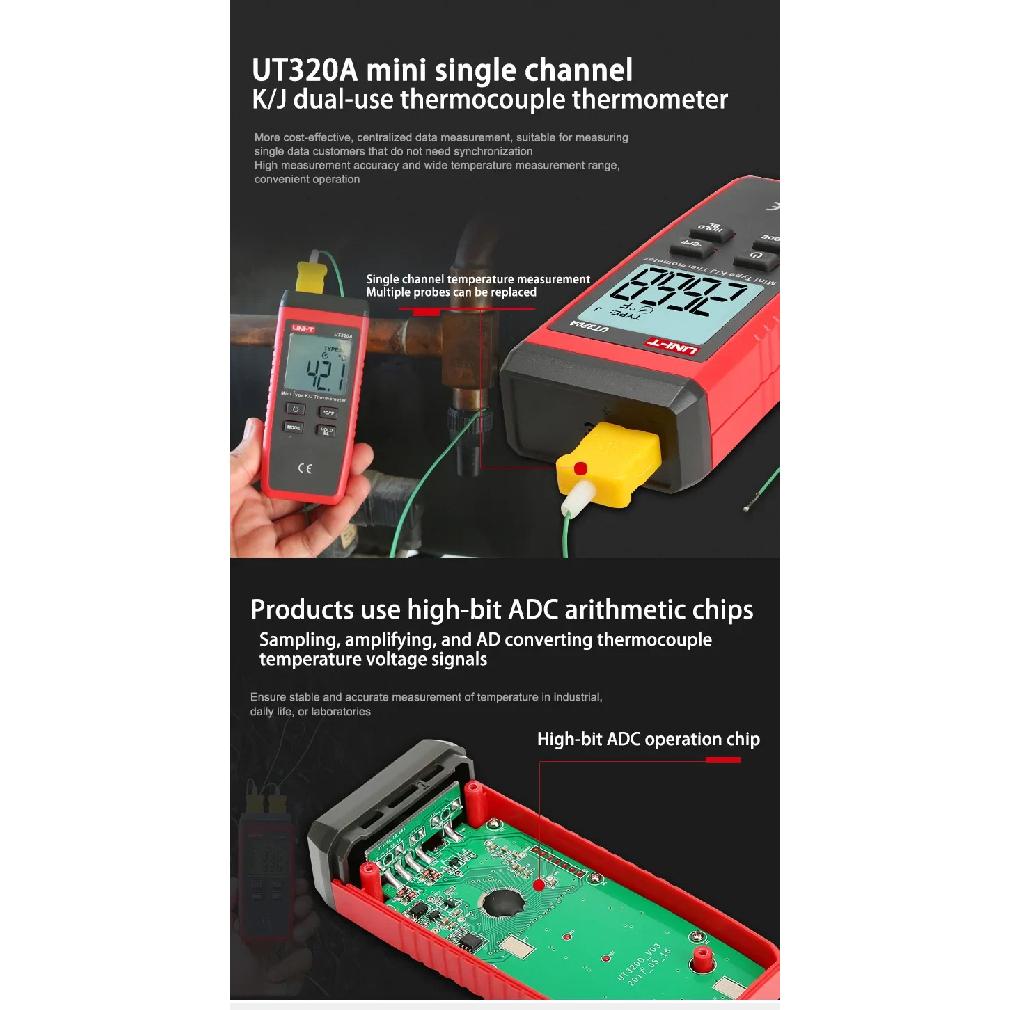 UNI-T UT320A UT320D Digital Thermometer Mini Dual Contact Thermocouple Type K J High Temperature Meter Tester -50℃ to 1200℃