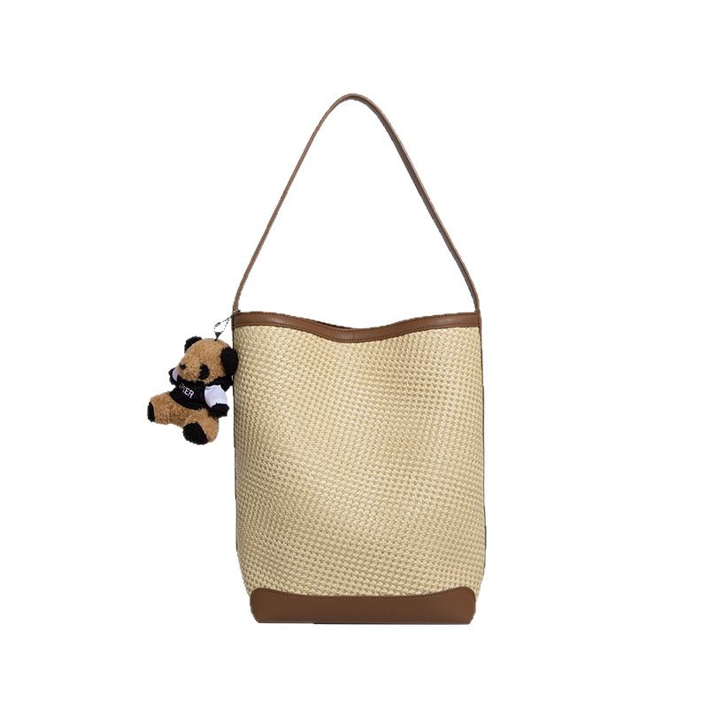 2025 New Korean Style Simple Versatile Woven Shoulder Bag Large Capacity Canvas Bag Fashion Trend Lightweight Bucket Bag