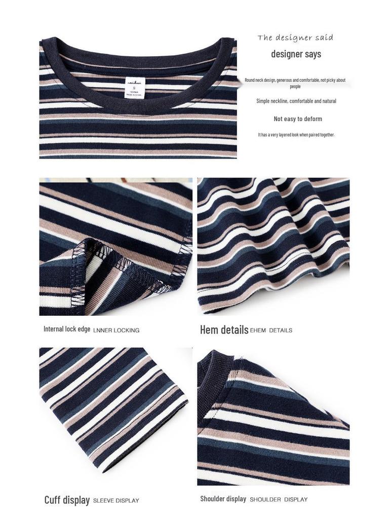 Women's Striped Round Neck Long Sleeve T-Shirt - Casual Loose Fit, Perfect for Spring and Autumn, Korean and Japanese Style.