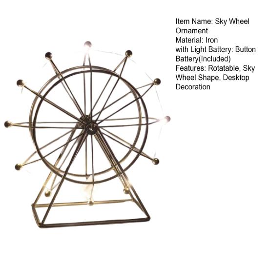 Sky Wheel Ornament with LED Light Rotatable Iron Wire Ferris Wheel Model Metal Figurine Home Office Desktop Decoration