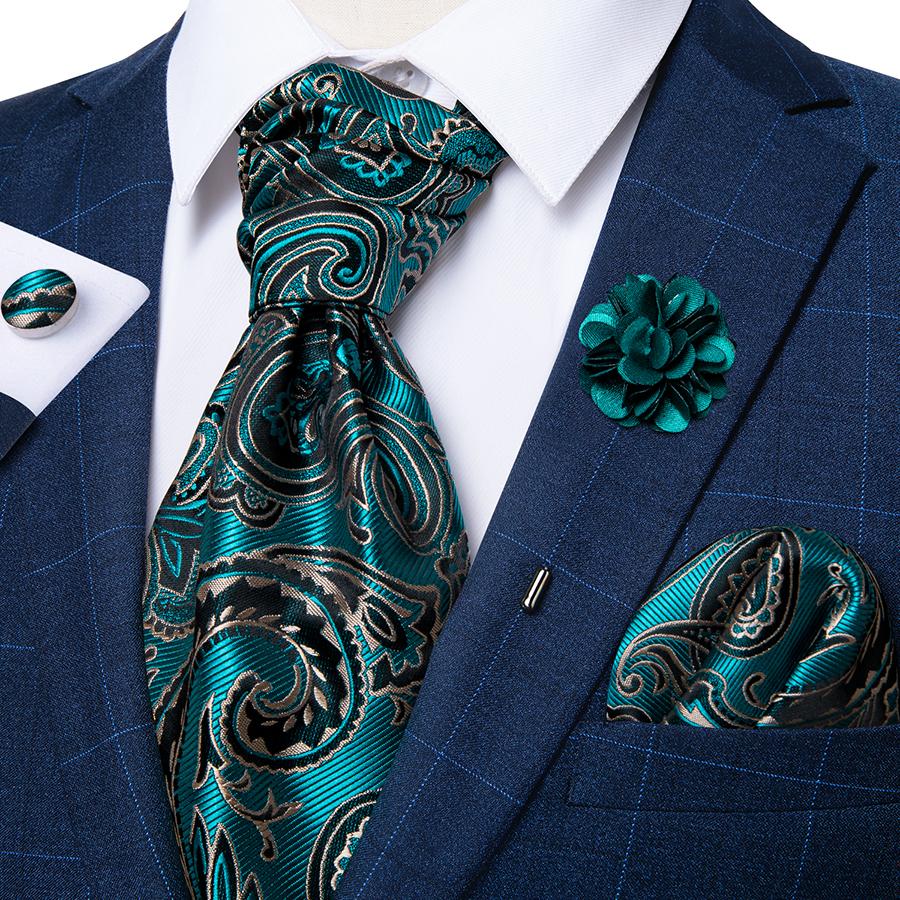 Men's Acot Tie with Boutonniere Floral Paielsy Silk Tie Hanky Cufflinks Luxury Ascot Tie Set Dibangu