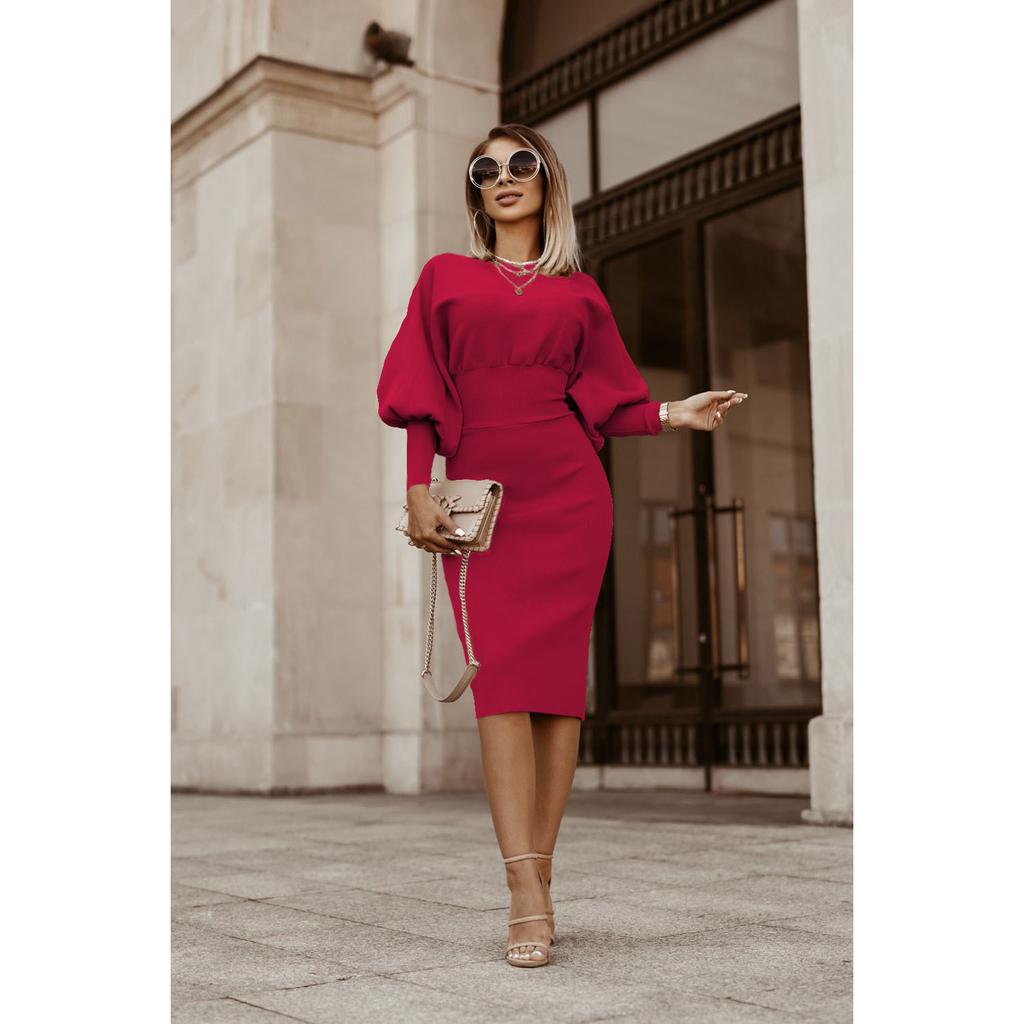 Женское зимнее платье-карандаш 2025 | Однотонное с рукавами-фонариками и приталенное | Осеннее облегающее платье-бодикон - Теплая юбка-карандаш (S-3XL)