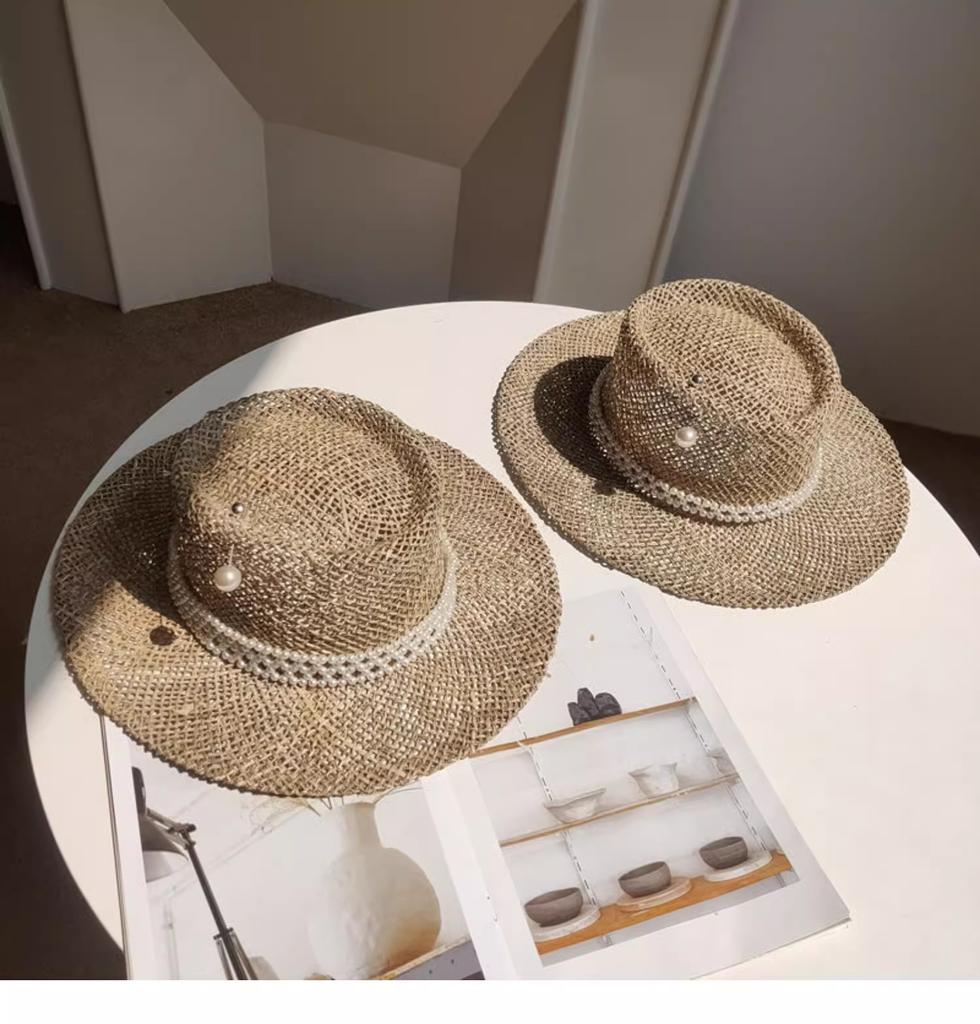 Summer Straw Hat Pearl Pin Women's Summer Seaside Sunshade Hollow Groove Flat Top Straw Hat  Sombrero