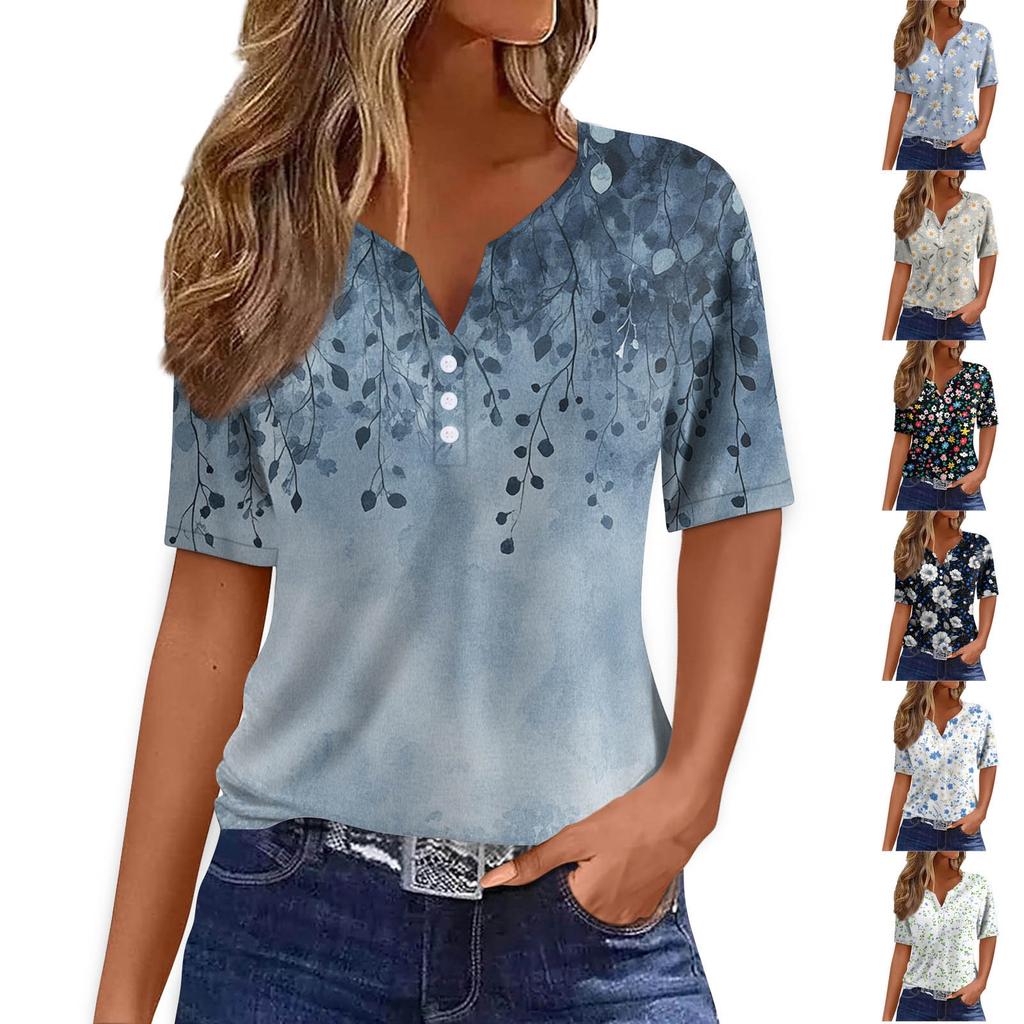 Women's T Shirt Print Button Short Sleeve Daily Weekend Fashion Basic V- Neck Regular Top