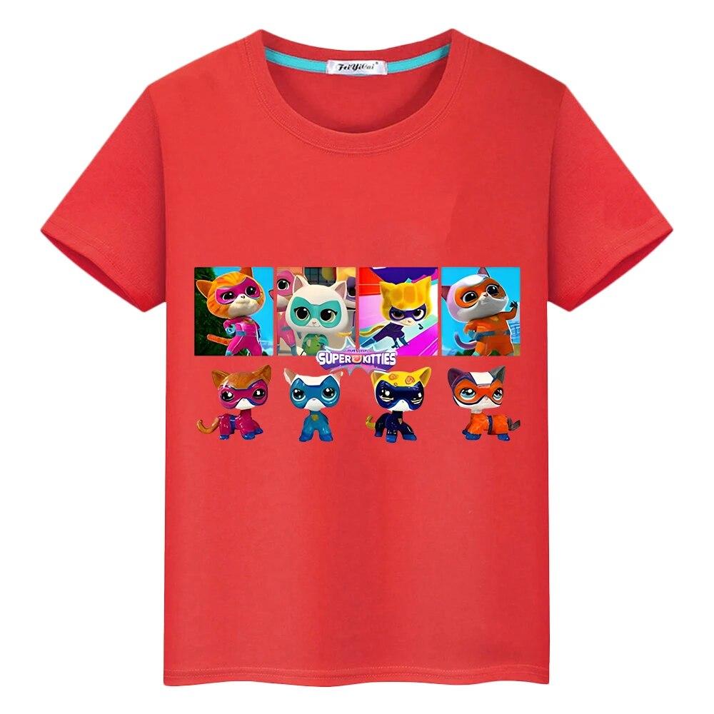 Super Kitties Boys Clothes Summer 100%Cotton T Shirt Y2k One Piece Casual Anime Tees Kawaii Short Print Tops Kids Clothes Girls
