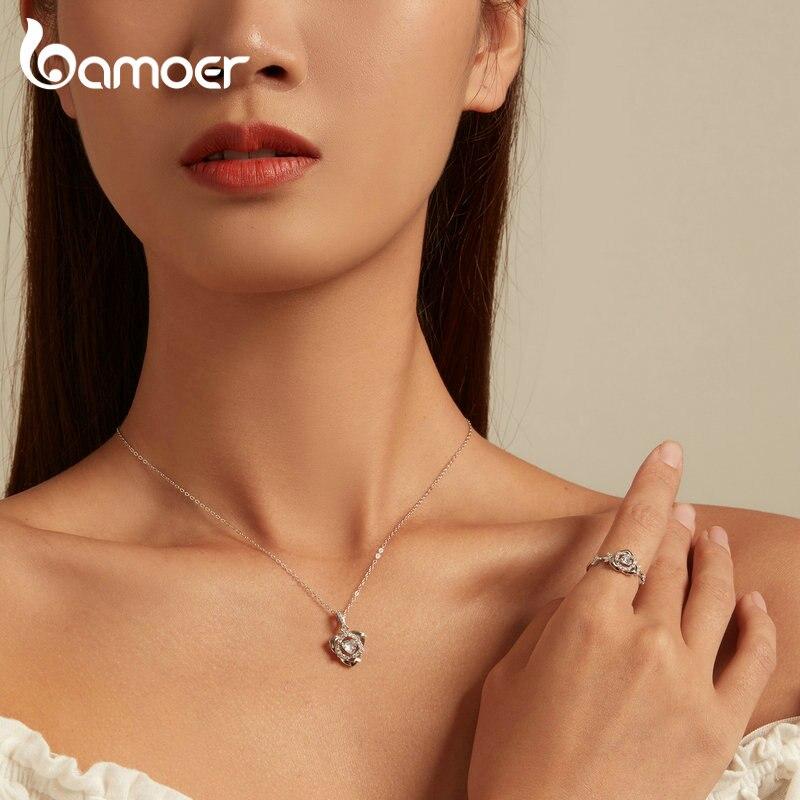 BAMOER, стерлинговое серебро 925 пробы, прозрачный циркон, розовое кольцо на палец, кольцо с цветком для женщин, подарок на день рождения, помолвку, ювелирные изделия