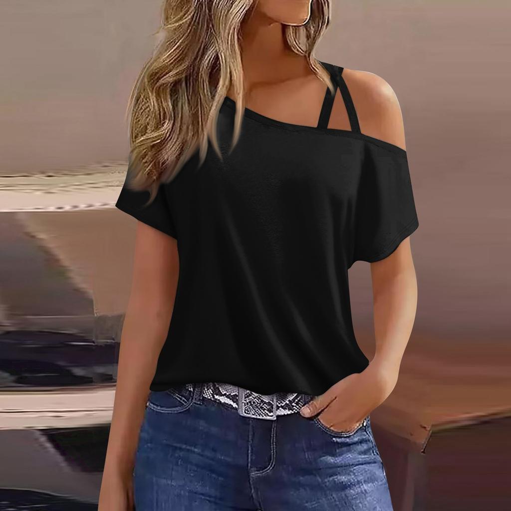 Women's Fashion Casual Print Sexy Cold Shoulder Short Sleeve T-shirt Top