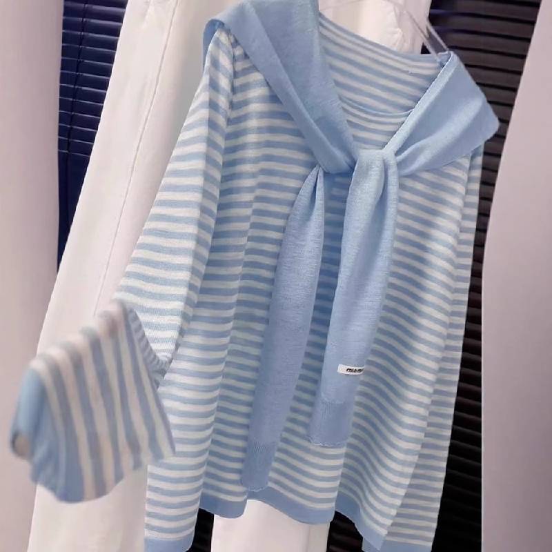Summer Knit Top With Stripes For Casual Wear In Polyester Fabric For Women