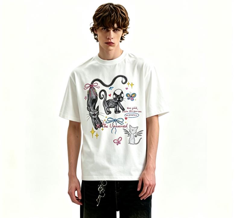 Футболка с принтом кошек, короткий рукав, унисекс, летняя, Yk Streetwear, круглый вырез, короткий рукав, свободная, хлопковая футболка, футболка унисекс