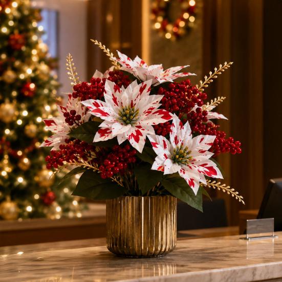 Outdoor UV Resistant Greenery 5/7/10/12 Heads Artificial Poinsettia Flowers, Christmas Fake Floral Berry Centerpiece, Vibrant Lush Plant