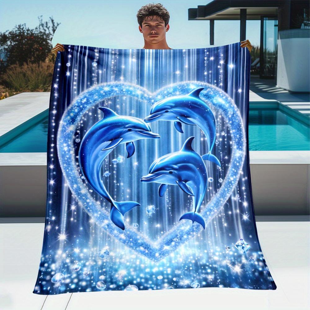 Dolphin Heart Design Blanket Blue Ocean Theme Soft Fleece Throw Bed Cover Cozy Home Decor Gift For Animal Lovers