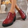 Модная женская обувь на высоком каблуке, кожаная обувь 2025 весна-осень, толстая подошва, круглый носок, женские туфли с глубоким вырезом и боковой молнией
