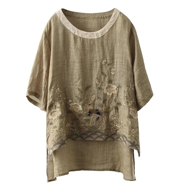 Хлопково-льняные блузки с цветочной вышивкой, женские классические свободные рубашки в китайском стиле, повседневные летние рубашки в стиле ретро с круглым вырезом и короткими рукавами