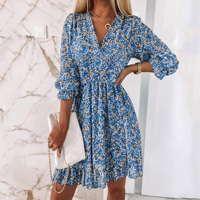 2023 Платье трапециевидной формы в стиле бохо с цветочным принтом, женское милое эластичное пышное платье с короткими рукавами, повседневное зеленое мини-платье с v-образным вырезом, Robe Femme 25119