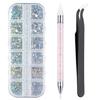 12 Grids Clear Rhinestones Flatback Shiny Crystal Ab Nail Art Gems With Tweezer And Rhinestone Picker Dotting Pen Nail Art Tools For Nails