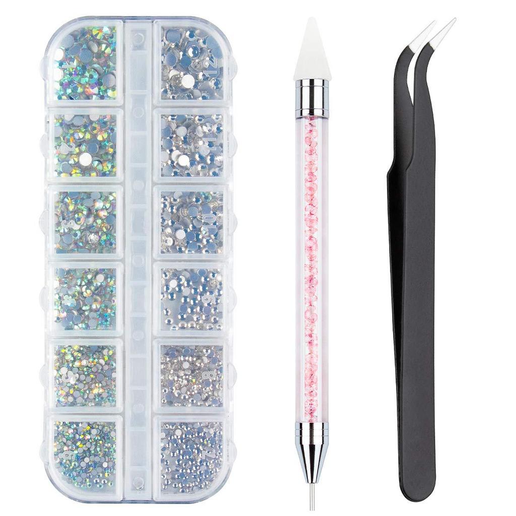 12 Grids Clear Rhinestones Flatback Shiny Crystal Ab Nail Art Gems With Tweezer And Rhinestone Picker Dotting Pen Nail Art Tools For Nails