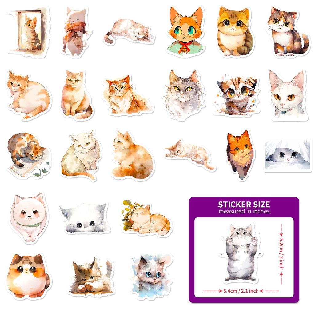 50 Watercolor Cat Stickers Cartoon Cute Cat Watercolor Stickers Decorative Suitcase Guitarist Account Book Stickers