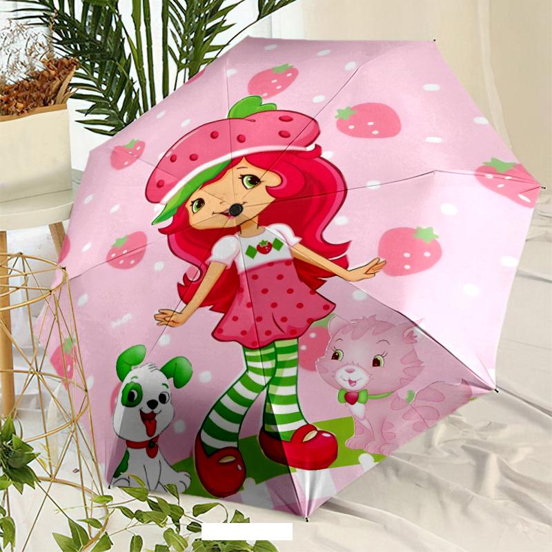 Princess Strawberry Umbrella with Automatic Open/Close & Self-8-Rib Heavy-Duty Umbrella, Compact Travel Umbrella Suitable for Outdoor