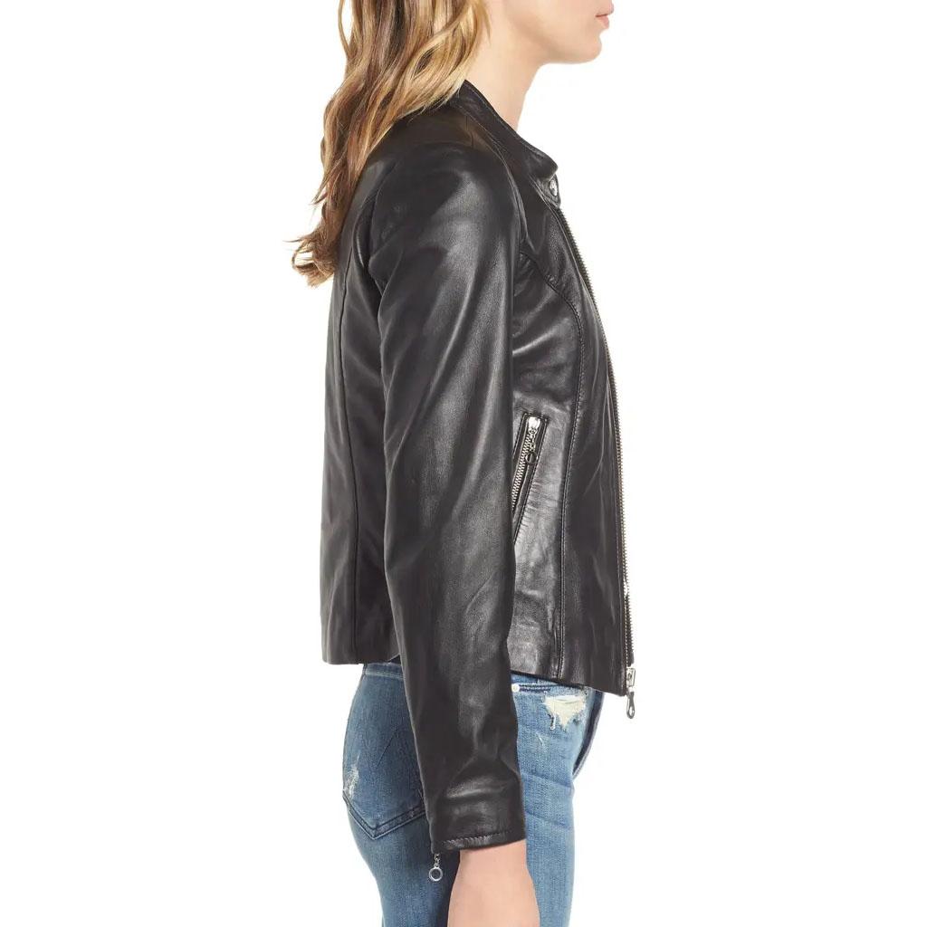 LeatherSplenor Solid Black Basic Biker Style Женская куртка из натуральной кожи