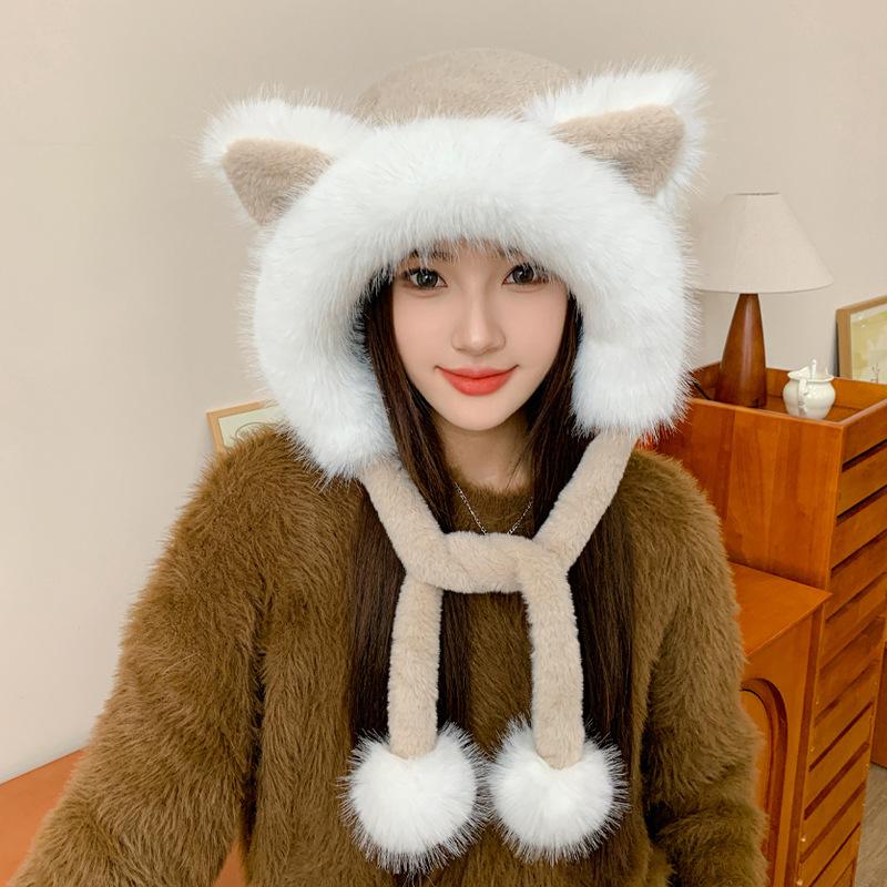 Autumn and Winter Cute Fox Ears Plush Hat Women Thickened Warm Bag Head Hat Ear Hat Show Small Face