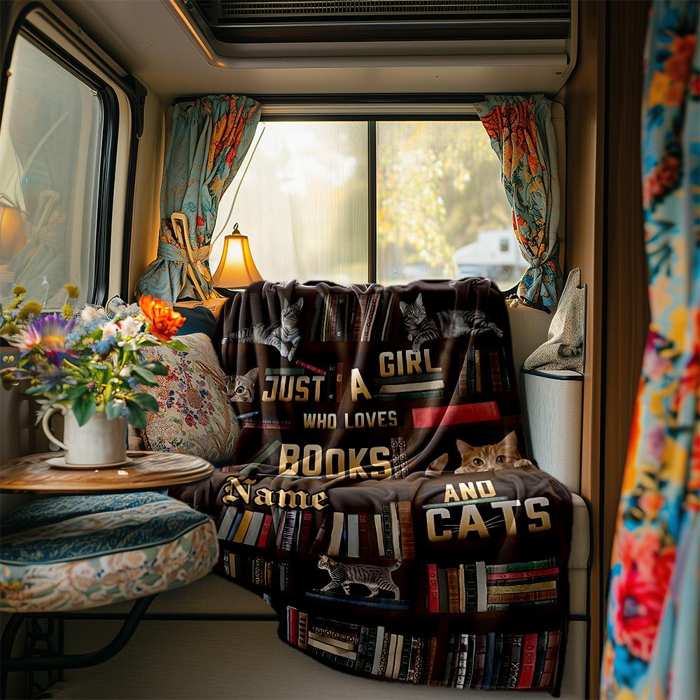 A Girl Loves Books And Cats Blanketcustomizable With Your Namecomfortable And Stylish Perfect For Travel Beds Chairs Offices Sofas Campingsuitable For