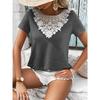 Женская повседневная свободная футболка с коротким рукавом и кружевным лоскутным воротником
