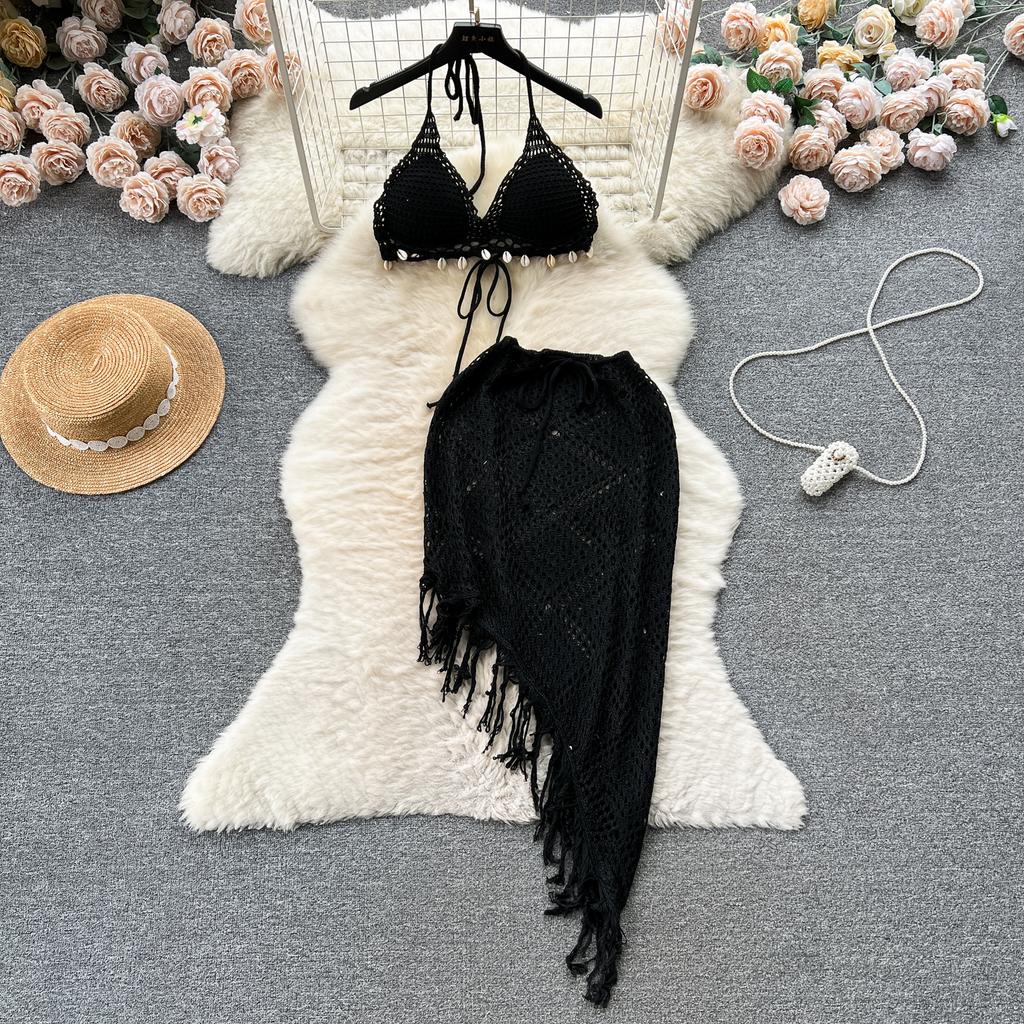 Summer Vacation Sexy Suits Strapless Halter Backless Bikini Set Drawstring Tassel Skirt Women Beach Knitted Fashion Two Pieces Suits