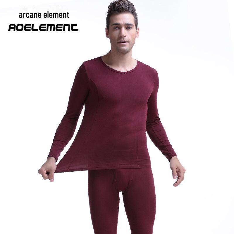 Комплект мужского хлопкового термобелья для молодежи – тонкий, облегающий, с V-образным вырезом, низким воротником, осенняя рубашка и брюки.