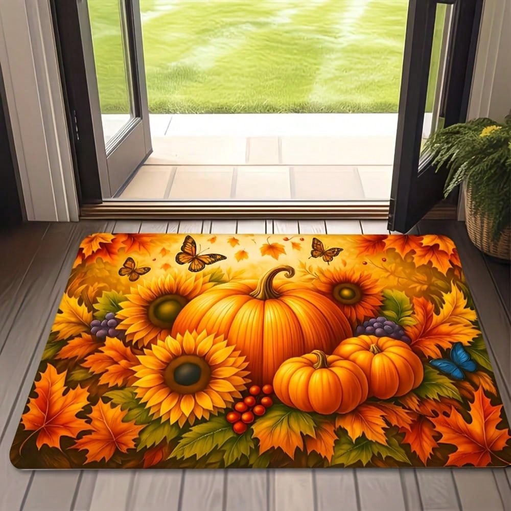 1pc Thick 0.43inch Flannel Kitchen Sponge Mat, Autumn Harvest Pumpkin Sunflower Pattern Printed Mat, Thickened Anti-Slip Wear-Resistant Suitable For K