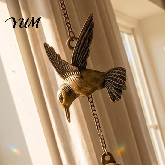 Garden Art for Yard Vintage Hummingbird Wind Chime, Metal Hanging Ornament with Bells & Crystal Ornaments Suncatcher, Rustic Decor Outdoor Patio Porch