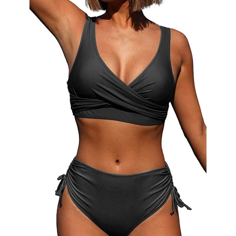 Drawstring High Waist Bikini 2025 Women Solid Swimwear Female Cross Front Swimsuit Padded Beachwear Bather Bathing Swimming Suit