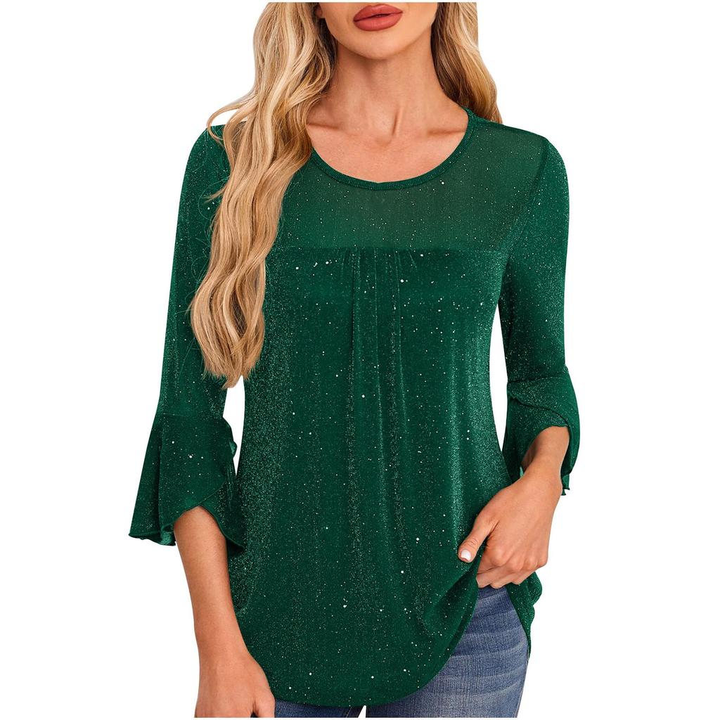 Women's Solid Color Seven Quarter Sleeved Shirt With Pleated Flared Sleeves And Round Neck Mesh Top
