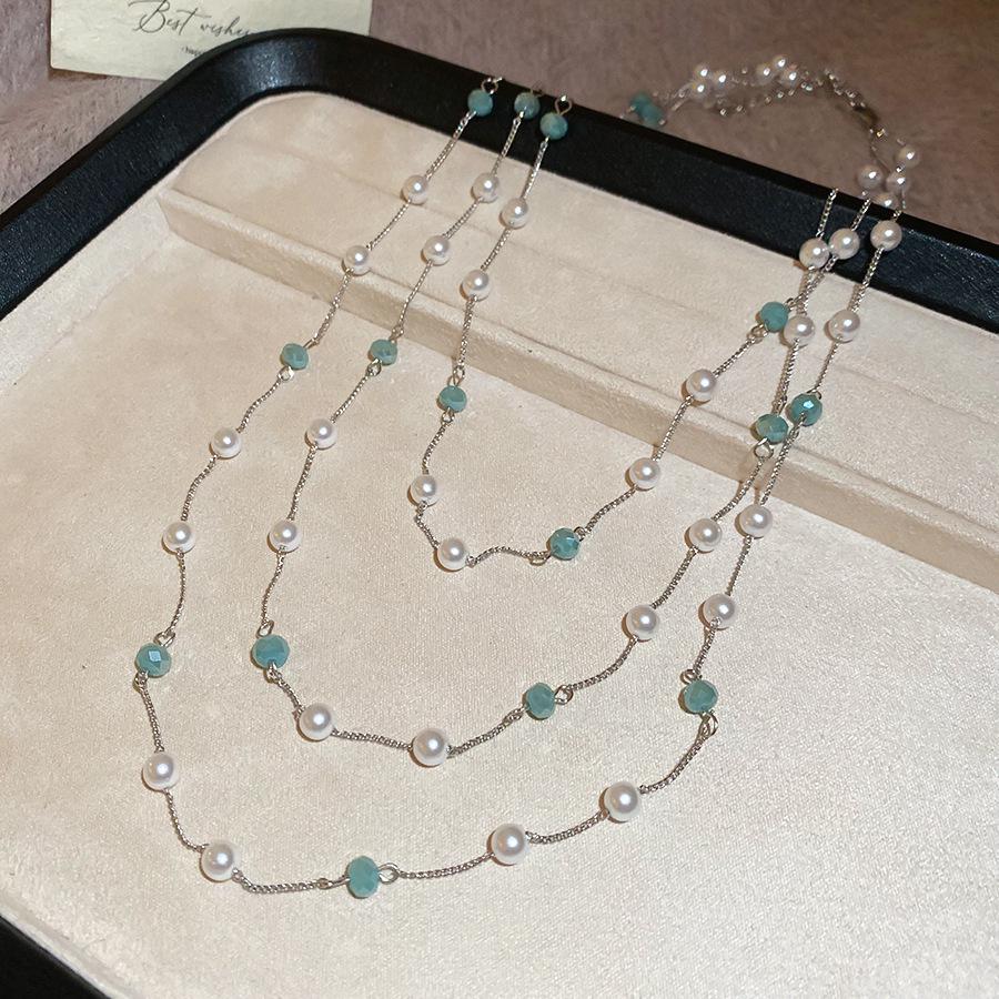 Ретро многослойное ожерелье с жемчугом и тигровым глазом: Модная цепочка на свитер высокого класса