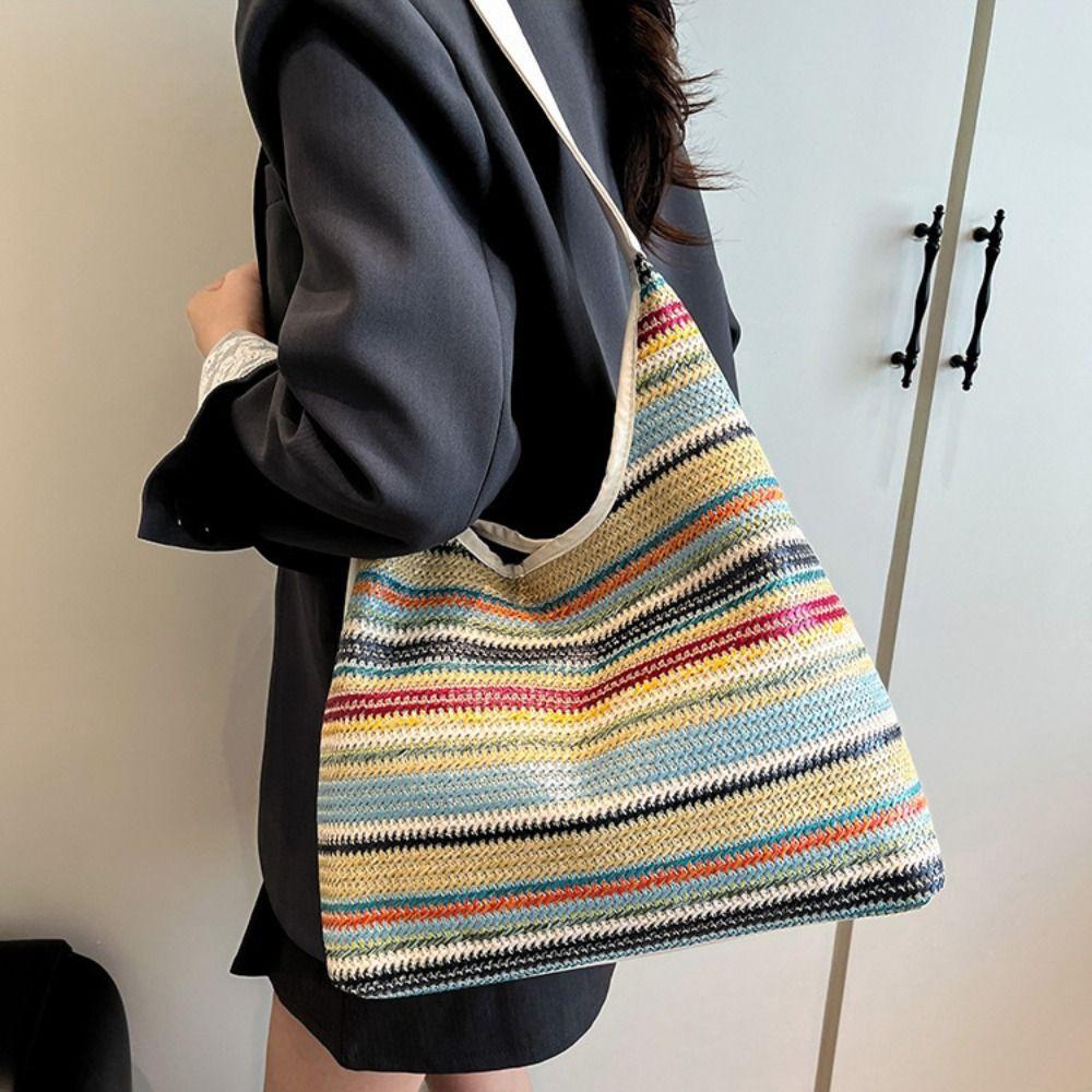 Bohemian Style Rainbow Beach Bag Large Capacity Hollow Tote Bag Fashion Weave Straw Bag Travel