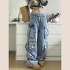 Autumn Winter Ladies Cargo Jeans American Street Style Baggy Cargo Pants Women Blue Multi Pocket Wide Leg Jeans Women