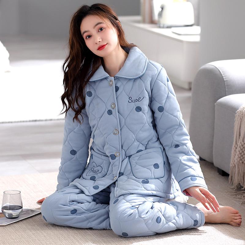 Женская пижама, зимний кардиган из плюша и хлопка в клетку, зимний трехслойный комплект из плотного хлопка для домашней одежды