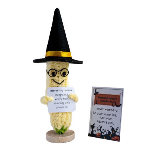Halloween Wizard Hat Crochet Doll with Encouraging Card Emotional Support Handmade Knitting Positive Duck Pineapple