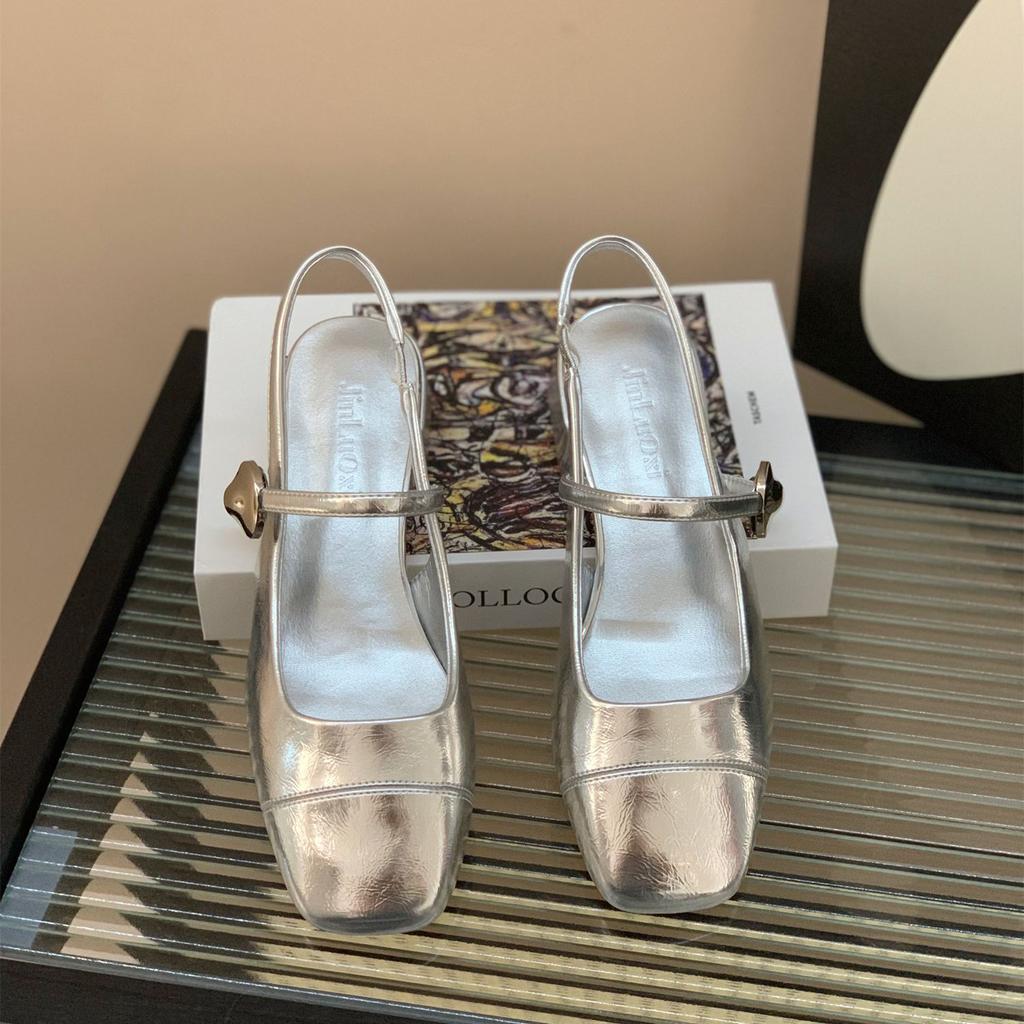 Thick Heel Square Head Silver Mary Jane Shoes Women'S Bag Head Sandals Summer Fairy Style Temperament Empty Single Shoes