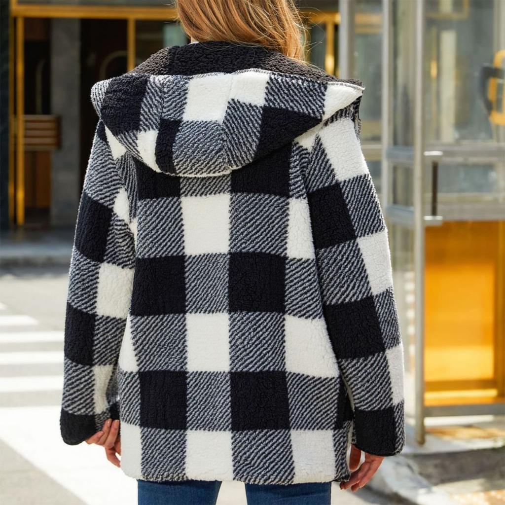 Plaid Plush Coat Open Front Loose Fitted Pocket Hoodie Double Side Plush Coat for Daily Life Black