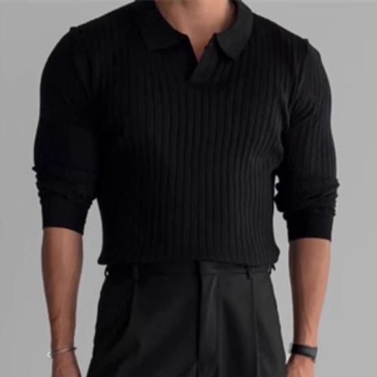 Весна Осень Мужской Верхний Трикотажный Нитка Slim Fit Пуловер Отложной Воротник Длинные Рукава Эластичный Чистый Цвет