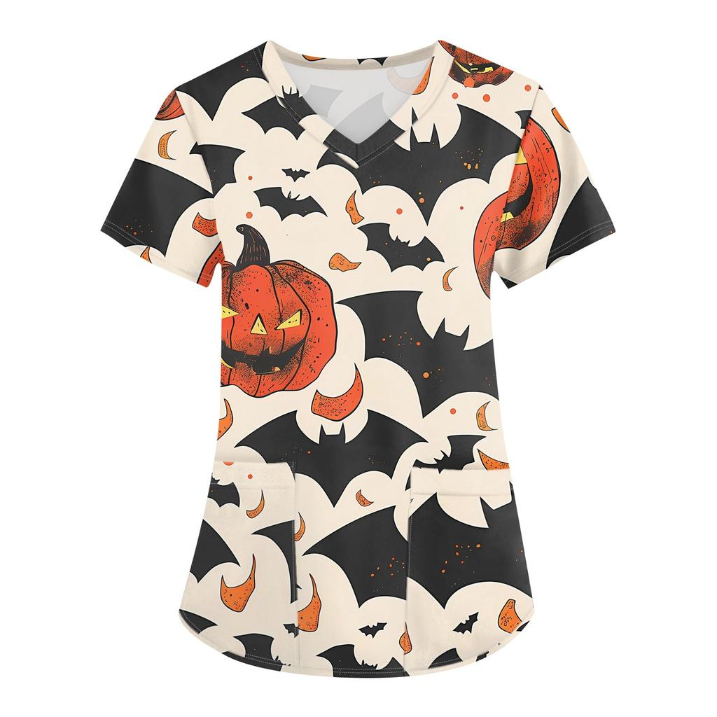 Женская мода V-образным вырезом с короткими рукавами и карманами Топы с принтом на Хэллоуин