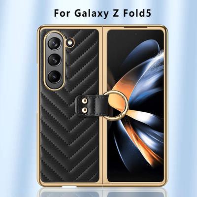 Чехол-книжка из ПУ кожи для Samsung Z Fold7/6/5 с подставкой-кольцом в виде ромбовидной решетки с гальваническим покрытием