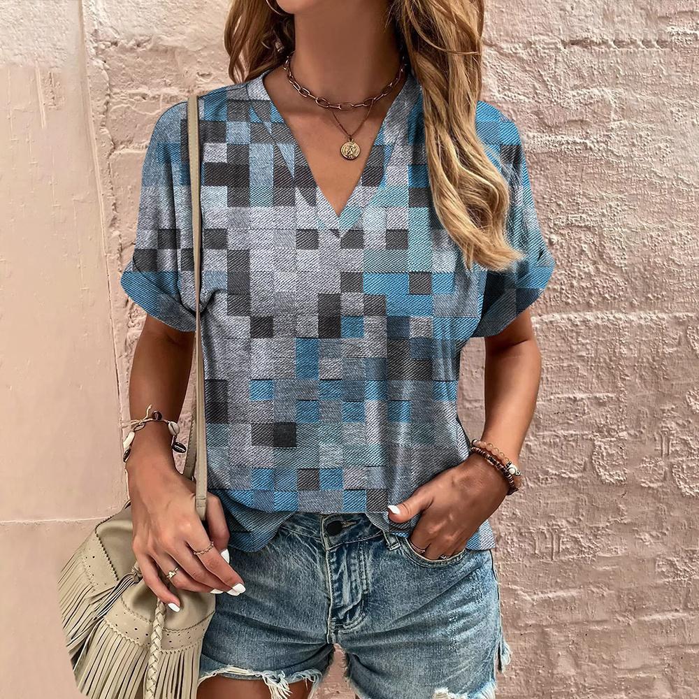 Лоскутная клетчатая женская футболка с геометрическим принтом, v-образным вырезом, короткими рукавами, летние роскошные топы, женские рубашки и блузки большого размера