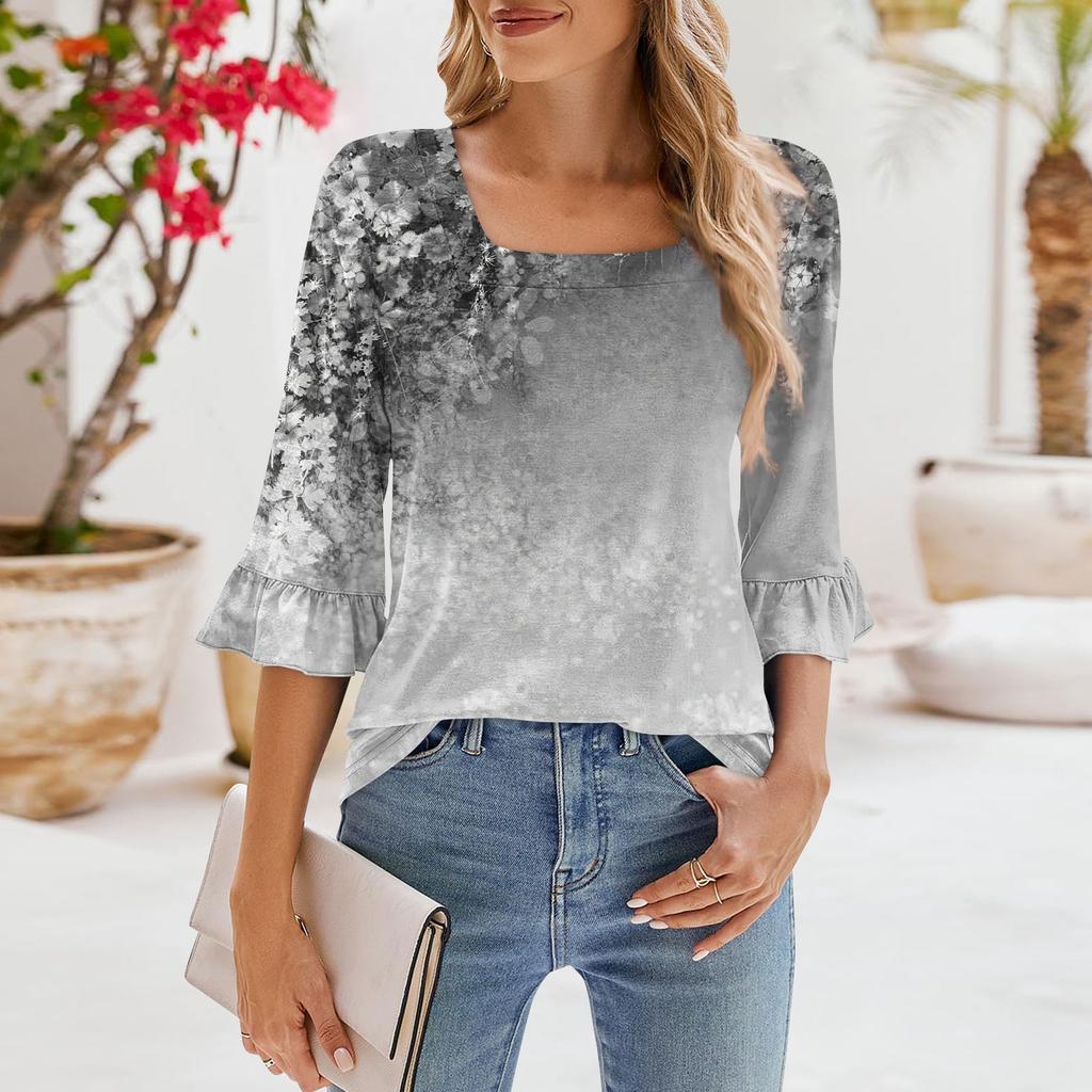 Женские повседневные топы с рукавами 3/4, летние футболки с квадратным вырезом, свободные туники с рюшами, блузки-туники